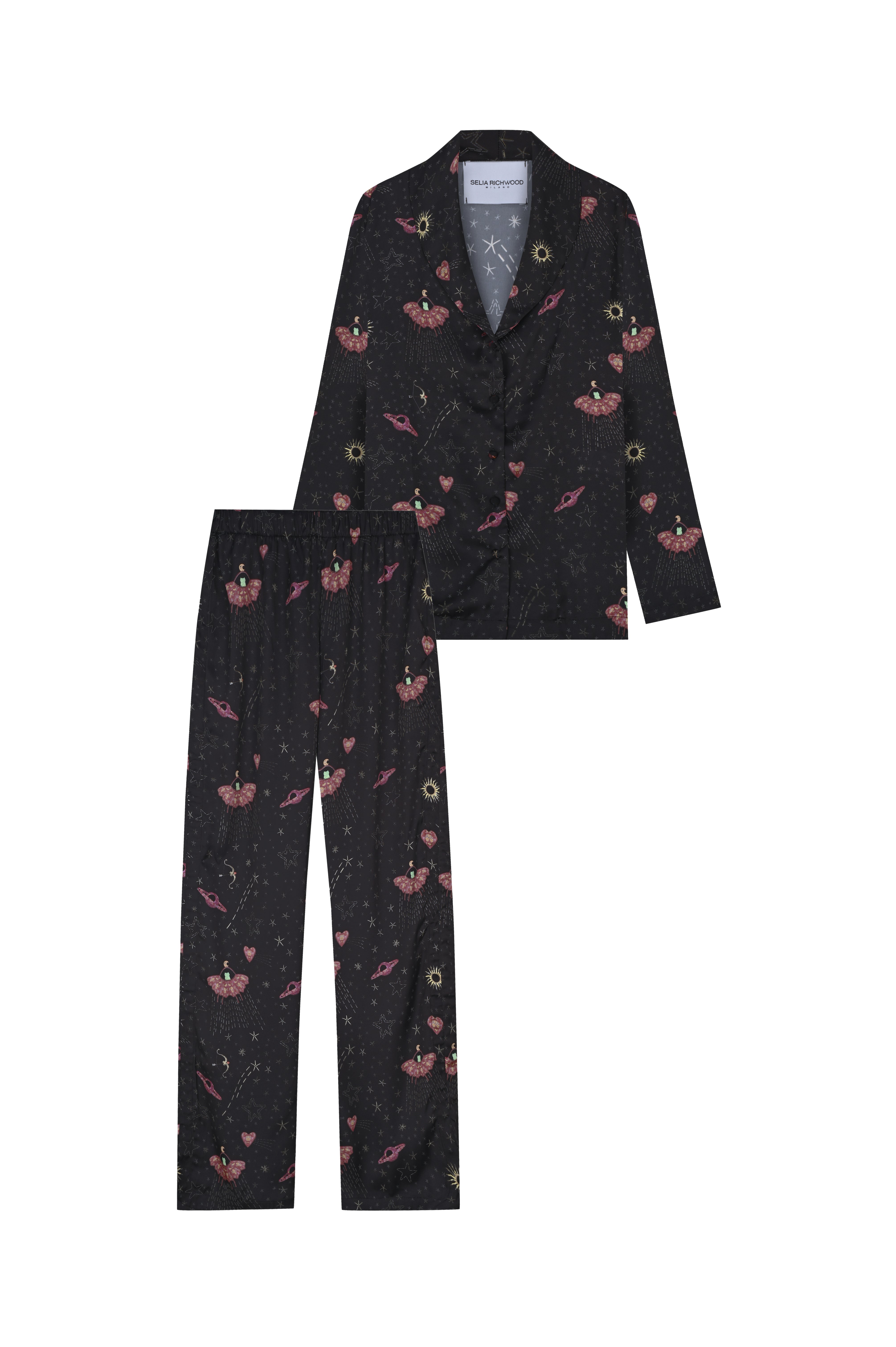 Black Ufo Long Silk Pajama Set