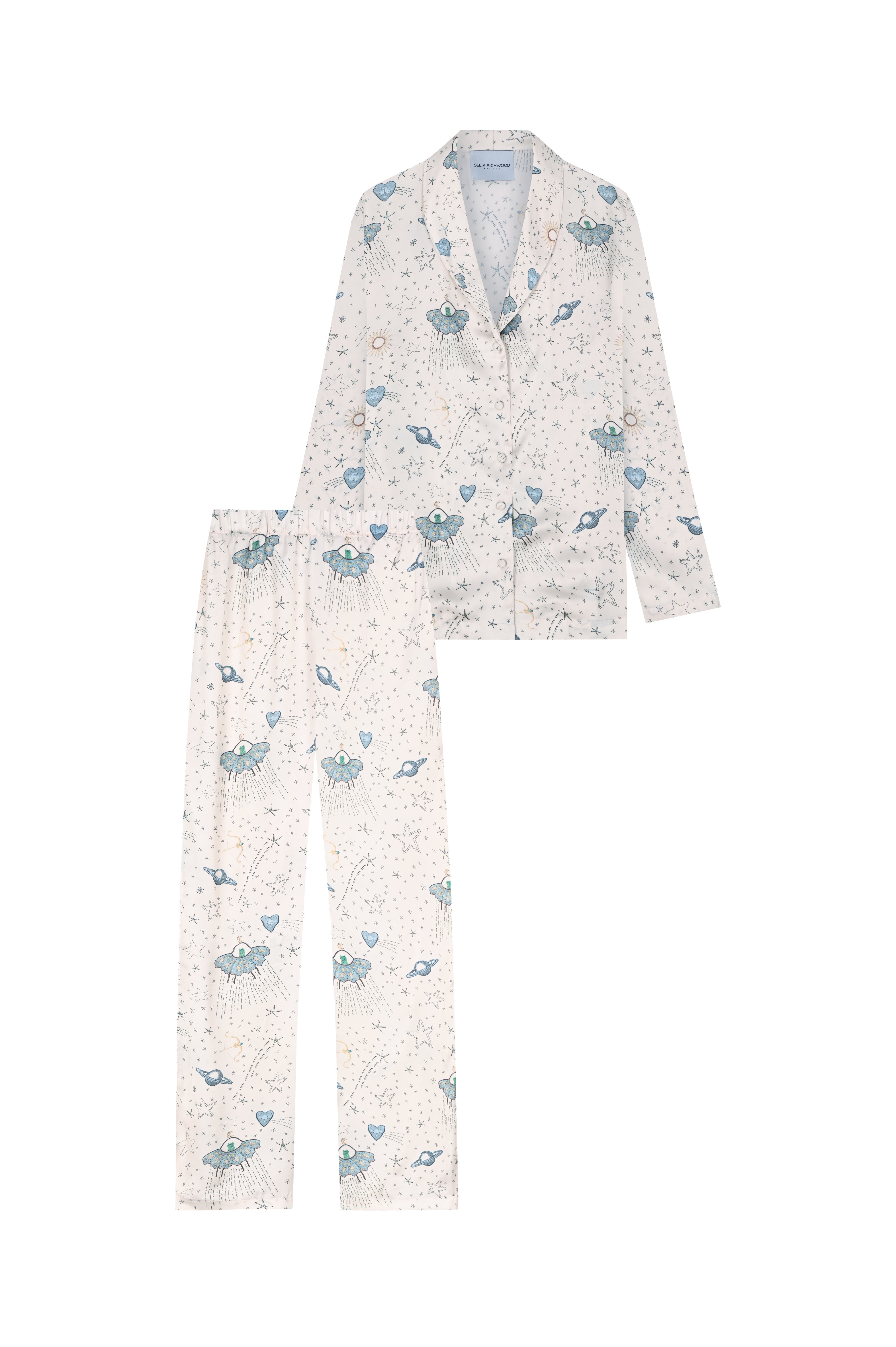 White Ufo Long Silk Pajama Set
