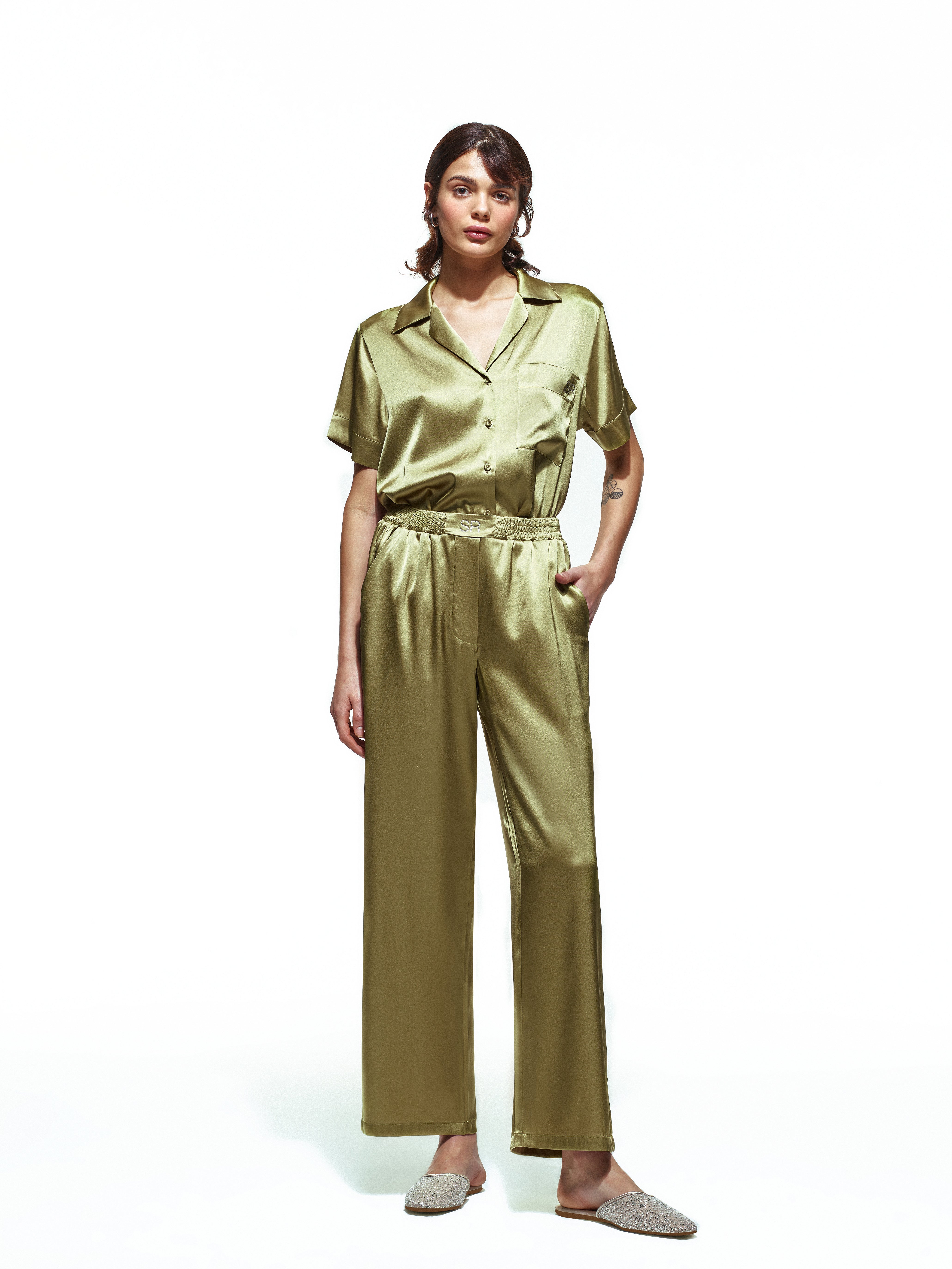 Green Silk Long Pajama Set