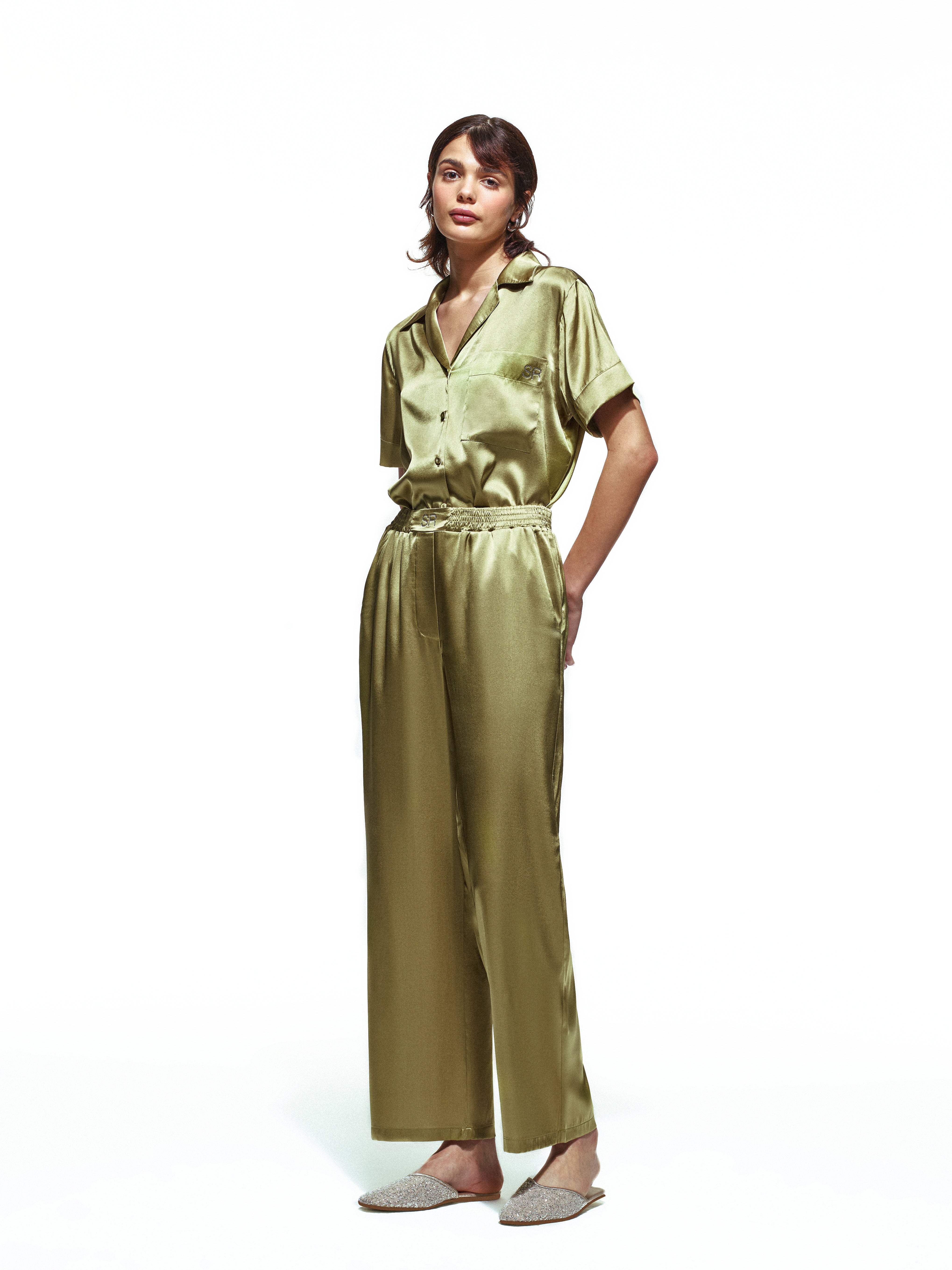 Green Silk Long Pajama Set