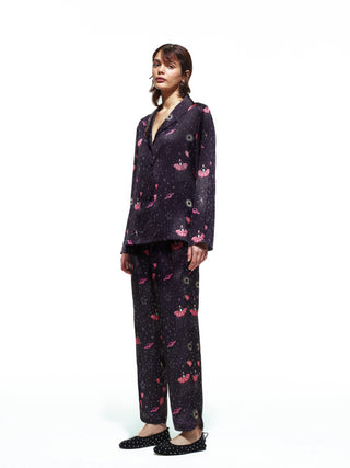 Black Ufo Long Silk Pajama Set