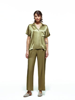 Green Silk Long Pajama Set